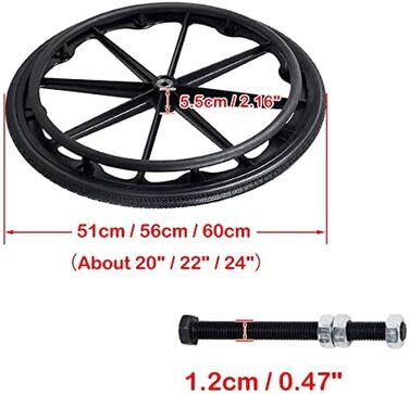 Колеса для інвалідних візків, змінні задні колеса для інвалідних візків, набір 2, 20 дюймів, 22 дюйми, 24 дюйми, колесо для інвалідних візків, цілісне лите колесо для інвалідних візків з повністю поліуретановими шинами, з підшипниками, поручень u 22in(56c