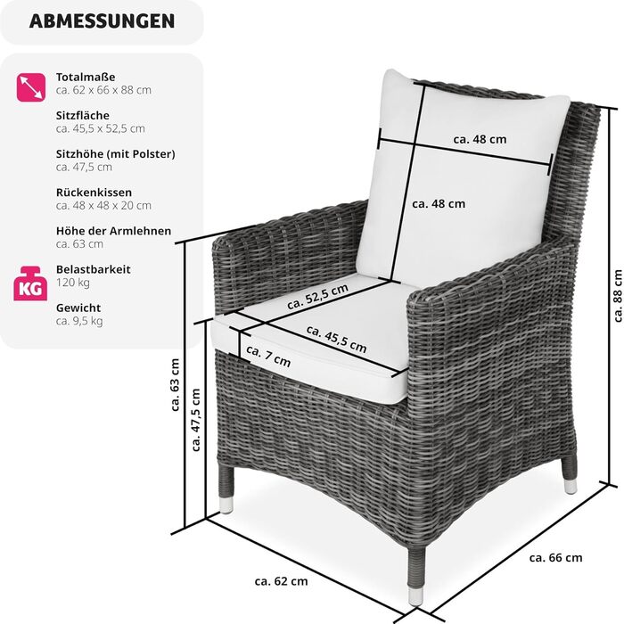 Садове крісло Tectake, Набір садових меблів з ротанга з подушками для сидіння та спини, до 120 кг з навантаженням, Крісло з ротанга атмосферне для зимового саду, балкона, тераси, садового крісла - сірий/білий