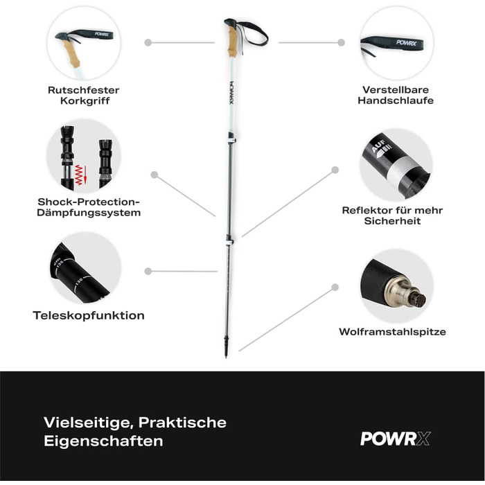 Палиці POWRX для піших прогулянок, трекінгові алюмінієві, телескопічно регульовані, надлегкі, довжина 69-136 см, білий колір