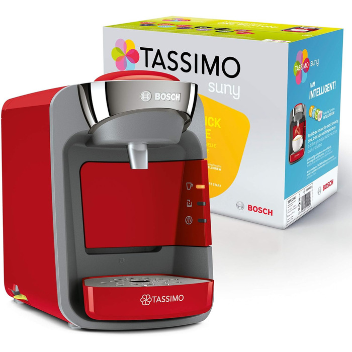 Капсульна машина Tassimo Suny TAS3208 кавоварка від Bosch, понад 70 напоїв, повністю автоматична, підходить для всіх чашок, майже без часу нагрівання, 1300 Вт, червоний/антрацит