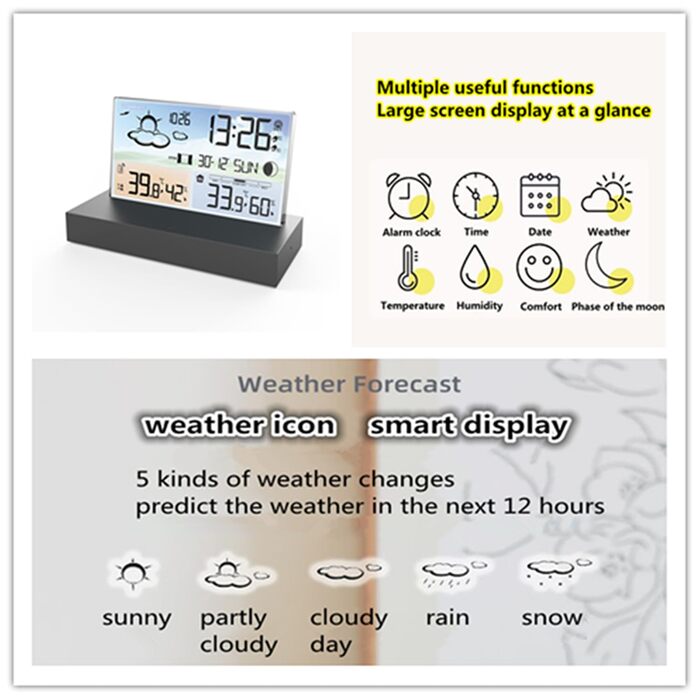 Бездротова метеостанція HJRUIUA з зовнішнім датчиком, попередженням про температуру, радіокерованим годинником - живлення від батареї та USB-кабелем, у прозорому скляному корпусі з дисплеєм, елегантна та сучасна