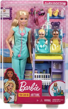 Серія Barbie You Can Be Anything, Дитячий лікар, лялька Барбі зі світлим волоссям, двоє немовлят, одяг лікаря, аксесуари Барбі, 3 ляльки Барбі в комплекті, подарунок для дітей, іграшка від 3 років,GKH23 Різнокольоровий одинарний