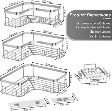 Поличка для душу без свердління 4 шт. и - Поличка для душу кутова з гачками, поличка для душу з нержавіючої сталі для ванної та кухні, поличка для душу кутова з мильницею (срібляста) срібляста 4 пачки