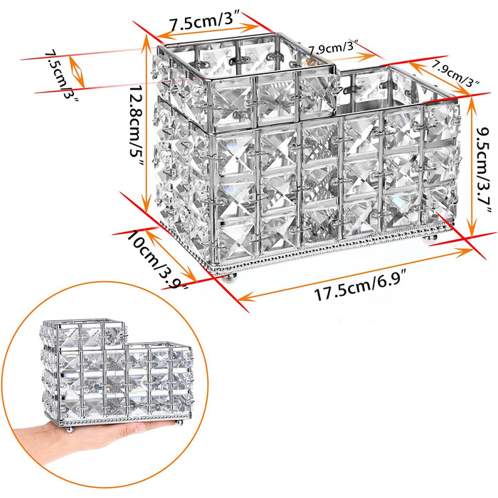 Кришталевий Тримач для макіяжу Скло Металева чашка для ручки Органайзер для макіяжу Зберігання для пензлика Підводка для очей Губна помада для спальні Офіс Стільниця ванної кімнати (2 слоти, срібло)