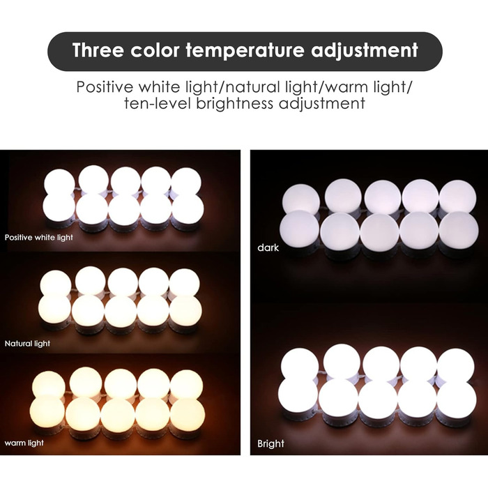 Освітлення макіяжного столу Vusddy - 10 світлодіодних ламп для макіяжу для дзеркала - лампа для дзеркала в голлівудському стилі - з 3 кольорами та 10-ступінчастою функцією затемнення (8000K) - USB-з'єднання