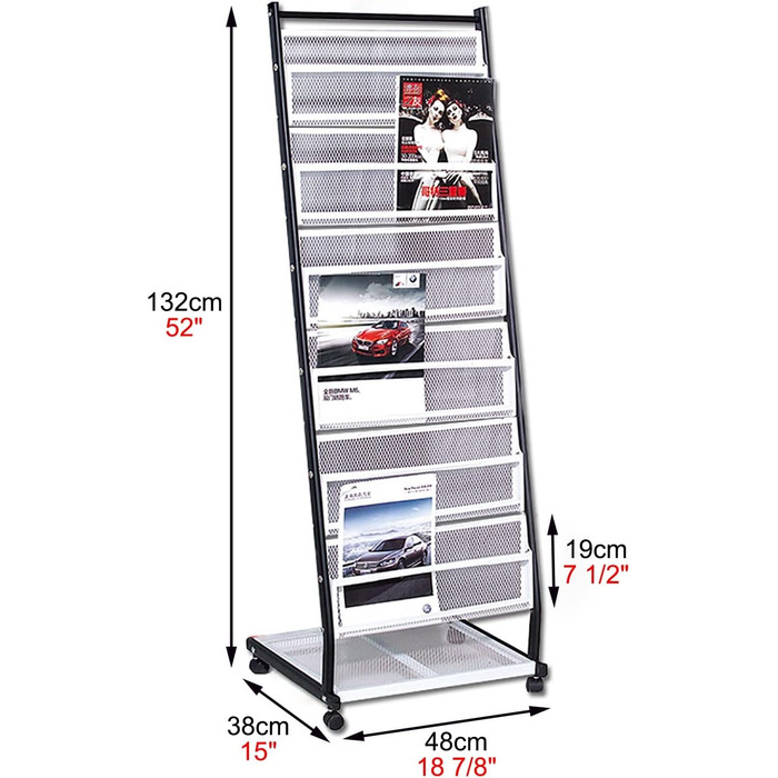 Стелаж для брошур Стелаж для журналів на колесах, Чорний комерційний стелаж для журналів з 6 кишенями, Велика підставка для книг на полиці