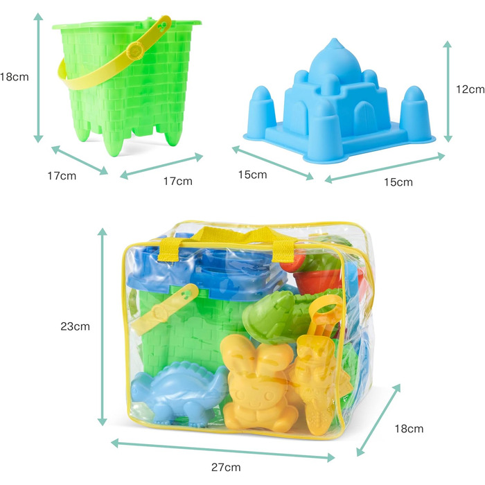 Набір пісочних іграшок з 13 предметів з сумкою для зберігання для хлопчиків та дівчаток - пляжні іграшки, пісочний замок для пісочниці, саду та ванної кімнати