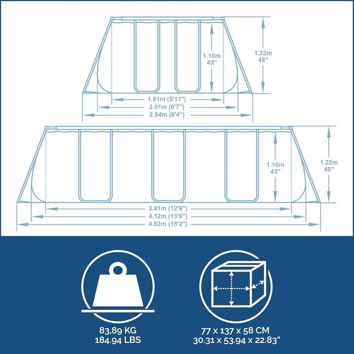 Набір басейнів Bestway Power Steel Frame з системою піщаних фільтрів 412 x 201 x 122 см, світло-сірий, квадратний