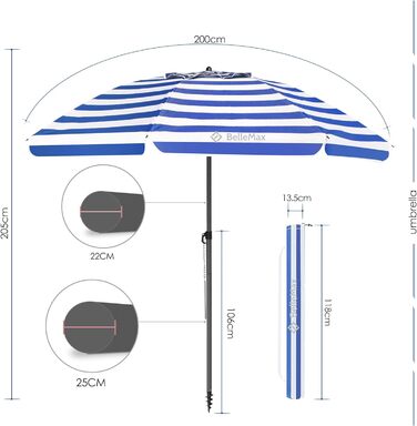 Плаяжна парасолька BelleMax 180 см пляжна вітрозахисна із захисним чохлом із захистом від сонця UV50 синьо-білі смуги