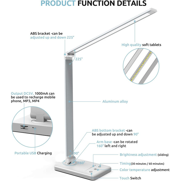 Настільна лампа Angdarun зі світлодіодним регулюванням яскравості, світлодіодна настільна лампа з USB, 5 кольорів і 10 яскравості, сенсорне керування, автомобільний таймер, складні настільні лампи, захист очей, настільна лампа для дітей, офісна чорна (срі