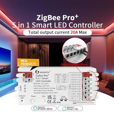 Розумний світлодіодний контролер ZigBee 3.0 Pro 5 в 1, 2.4 ГГц WiFi ШІМ світлодіодний контролер 20A Max DC12-24V Сумісний з Alexa Google Home Smart Life Tuya Smart APP Керування для диммера CCT RGB RGBW RGBC RGBC LED