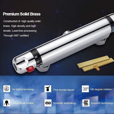 Змішувач для душу Namuoto Змішувач для душу Термостатичний термостат для душу, термостатичний змішувач для душу з ключем безпеки 38C, змішувач змішувач термостатичний Laiton Chrome (кругла ручка)