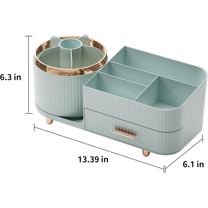 Поворотний тримач пензлика для макіяжу fanado з ящиком, органайзер для макіяжу, стільниця, велика організація макіяжу, відділення для догляду за шкірою для туалетного столика, письмового столу, ванної кімнати (світло-зелений)