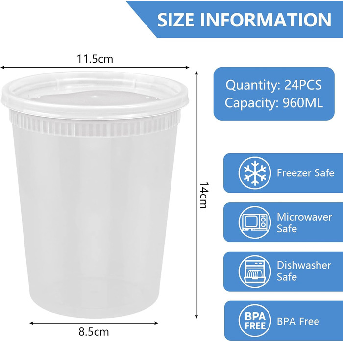 Пластиковий контейнер Kleemeiero 24 шт. и з кришкою 950 мл / 32 унції пластикова банка Пластиковий стаканчик для пиття Багаторазові чашки для зберігання Герметична чашка для подачі супів, закусок типу 2