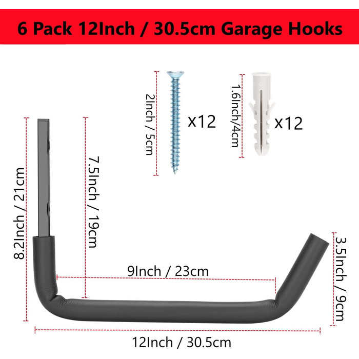 Міцні гачки для гаражних сходів з величезним кронштейном 30,5 см, 8 шт. , настінне кріплення, кронштейн для зберігання велосипеда, складні стільці, велосипедні та садові інструменти