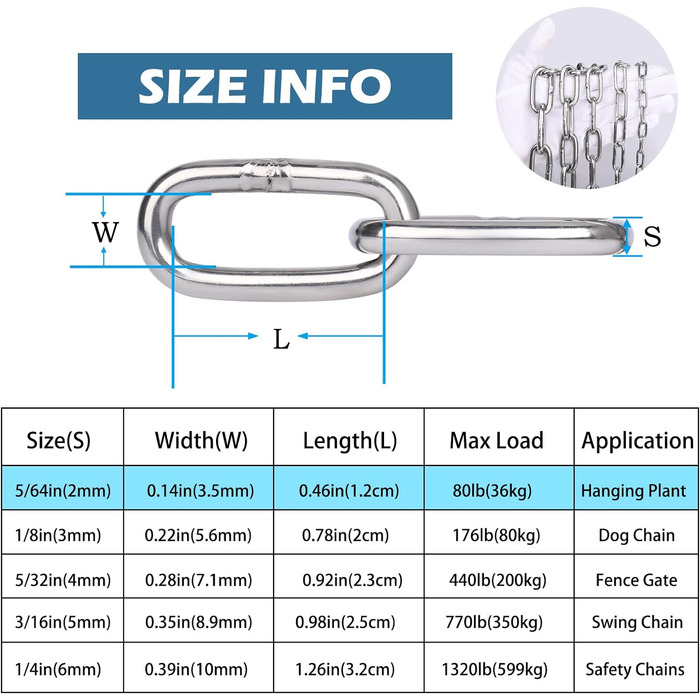 Подовжувач ланцюга Hannger з нержавіючої сталі - 5 м 3 мм Металеві підвісні котушки безпеки Міцний ланцюг до 80 кг Завантажуваний для тіньових вітрил Прикраса огорожі Намисто для собак Орнамент ліхтаря Повітряна йога (3 метри 2 шт. и, Ø 2мм)