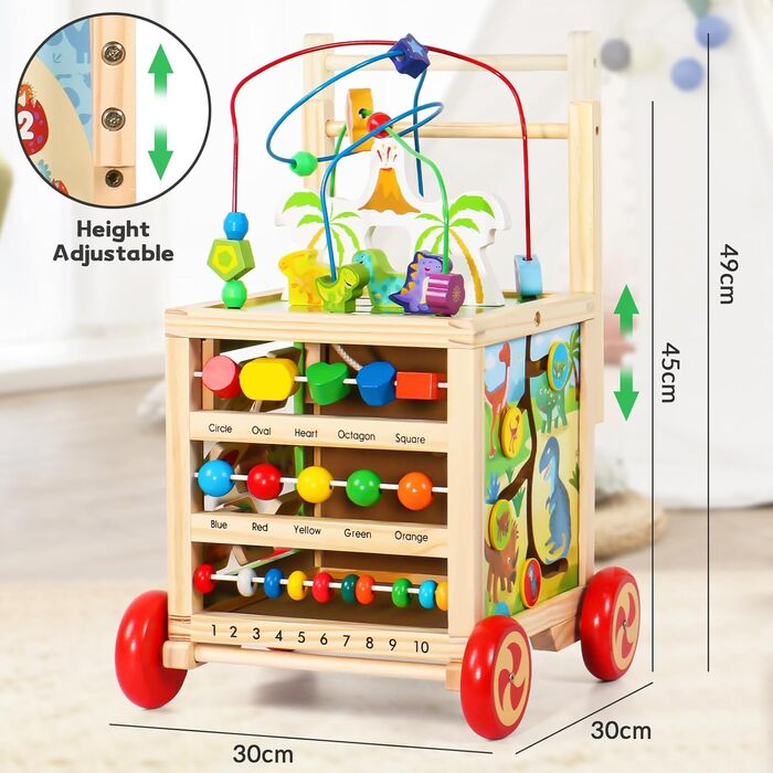 Дитячі ходунки від 1 року Дерев'яна іграшка для хлопчиків і дівчаток Дитячі ходунки, кубик моторики 6 в 1 з кубиком гальма Дитячі іграшки від 1 року Подарунки на 1 день народження