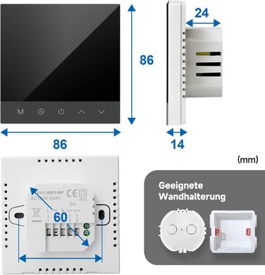 Цифровий термостат Beok Heating, розумний кімнатний термостат 16A Електричний термостат теплої підлоги Термостат теплої підлоги Wifi Сенсорний екран із зовнішнім датчиком Сумісний із Tuya/Google Home/Alexa TS4GWIFI-EP