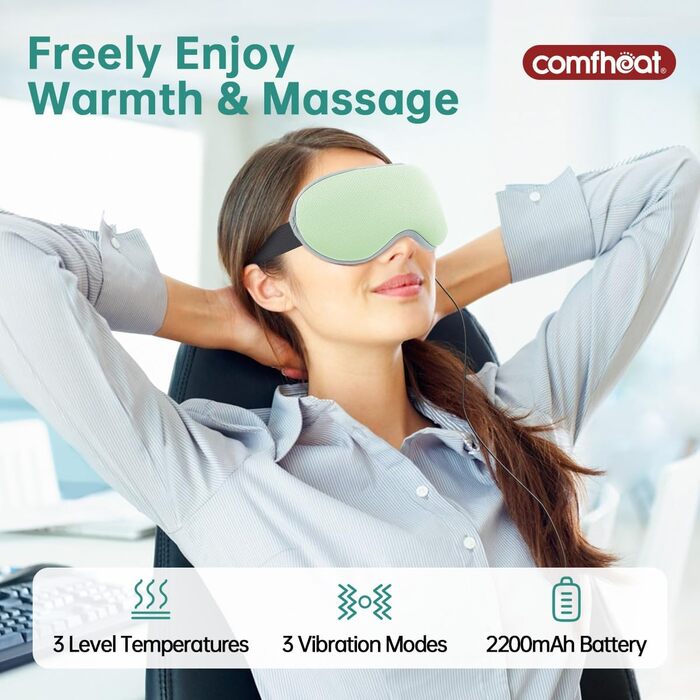 Маска для очей Comfheat Heat & Massage в одному, акумуляторна тепла маска для очей з вібраційним масажером, легкий, простий у використанні контролер, знімає дискомфорт в очах Втома очей зелений