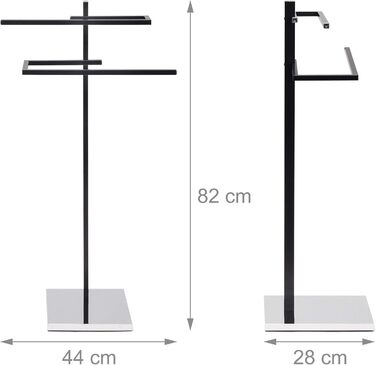 Вішалка для рушників з 2 рушникосушками в П-подібній формі HBT 82 x 44 x 28 см Вішалка для рушників вертикальна з квадратною опорною плитою як рушникосушка для ванни та вішалка для одягу з матової хромованої сталі, чорна 28 x 44 x 82 см