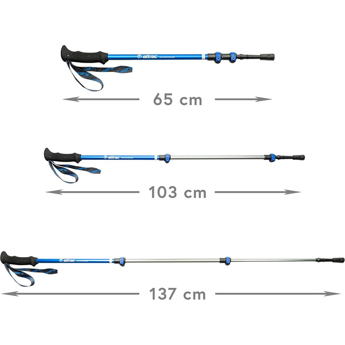 Трекінгові палиці ATTRAC Trilock, телескопічні, регульовані 65-137 см, алюмінієві суперлегкі, з додатком для тренувань і спорту, сріблясто-блакитні