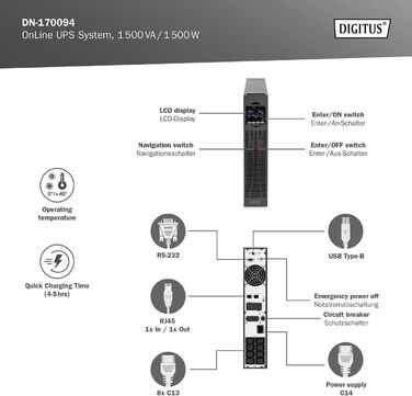 Система безперебійного живлення DIGITUS OnLine - 3 кВА / 3 кВт - 19-дюймовий монтаж 2U - Технологія справжнього подвійного перетворення - Джерело безперебійного живлення - чорний (ДБЖ OnLine, 1500 ВА / 1500 Вт)