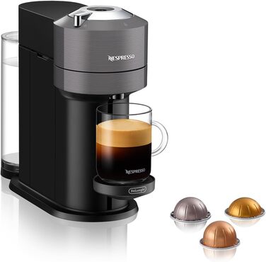 Кавова капсульна машина Nespresso De'Longhi ENV 120.GY Vertuo Next, 1500 Вт, 1,1 л, 42,9 x 14,2 x 31,9 см, сіра без піноутворювача молока