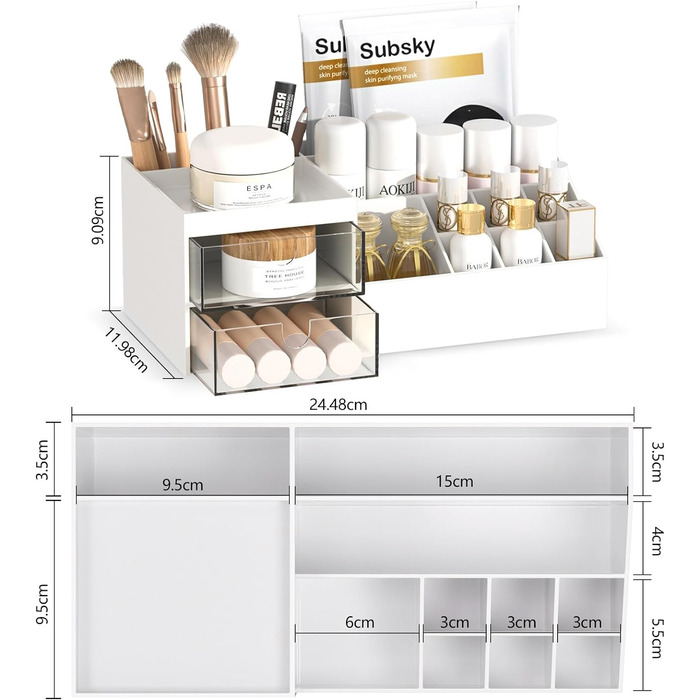 Органайзер для макіяжу Subsky з висувними ящиками, багатофункціональний органайзер для туалетного столика Зручне зберігання пензликів для макіяжу Ватні диски, настільний органайзер для комода Догляд за шкірою Білий білий з висувними ящиками