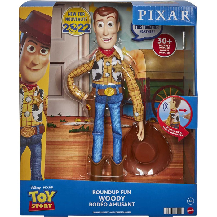 Та Pixar Toy Story Іграшка з фільму Історія іграшок, фігурка Вуді, що розмовляє, з ляльковим тілом, 20 фраз, звуки, що активуються при натисканні на кнопку, Roundup Fun Woody, HFY35, різнокольоровий