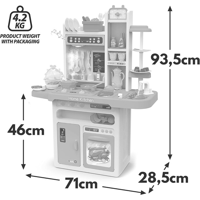Дитяча кухня іграшковий кухонний набір - світло, вода, пар, звук, 65 кухонних аксесуарів, Висота 93,5 см від підлоги до стільниці 46 см, KP3297