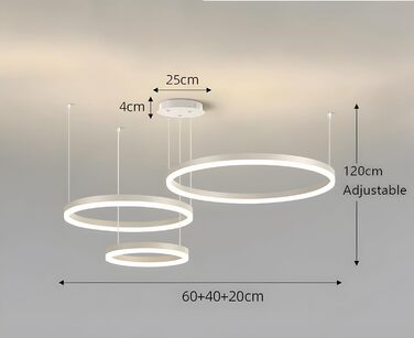 Металева світлодіодна люстра WayLuoung 3 кола 204060см Стельовий підвісний світильник 45 Вт, пульт дистанційного керування з регулюванням яскравості 3000-6000K, підвісний світильник з акриловим абажуром, вітальня, спальня, фойє, їдальня (білий, 3604020 см