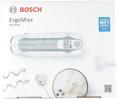 Ручний міксер Bosch ErgoMixx MFQ36440, 2 вінчика, 2 гачка для тіста з нержавіючої сталі, блендер, чашка, можна мити в посудомийній машині, 5 рівнів плюс турбошвидкість, 450 Вт, білий