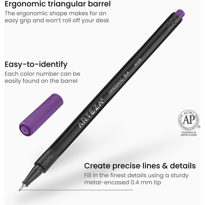 Набір ARTEZA Inkonic Fineliner, наконечник 0,4 мм, кольоровий журнал Bullet Journal Fineliner трикутний з ергономічним хвостовиком і кольоровими номерами для розфарбовування, малювання та деталізації, упаковка 48 шт.