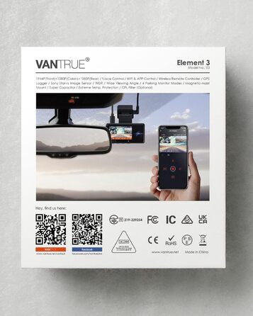 Відеореєстратор VANTRUE E3 з 3 об'єктивами 2.7K з WiFi 5 ГГц, відеореєстратор 1944P1080P1080P, відеореєстратор з голосовим керуванням, автомобільний передній задній відеореєстратор, ІЧ нічне бачення, 24-годинний буферний режим паркування, відеореєстратори