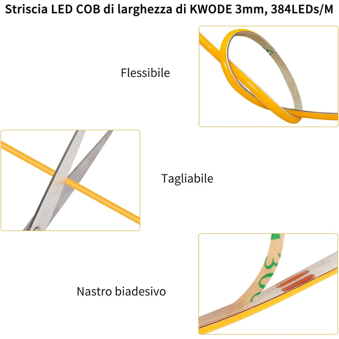 Світлодіодна стрічка KWODE COB 3000K Тепла біла, 2M 768LED, світлодіодна стрічка COB з можливістю затемнення шириною 3 мм, гнучка світлова стрічка 12 В постійного струму з джерелом живлення та радіочастотним пультом дистанційного керування для вітальні, с