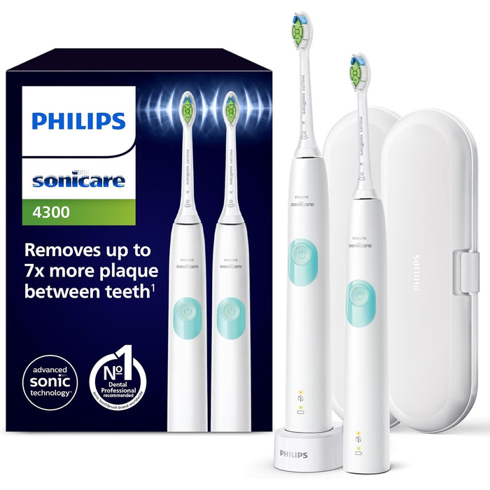 Електрична зубна щітка Philips Sonicare ProtectiveClean 4300, звукова зубна щітка з двома налаштуваннями інтенсивності, датчиком тиску та таймером, біла, 2 упаковки, модель HX6807/35 біла та біла 2 шт. и (1 упаковка)