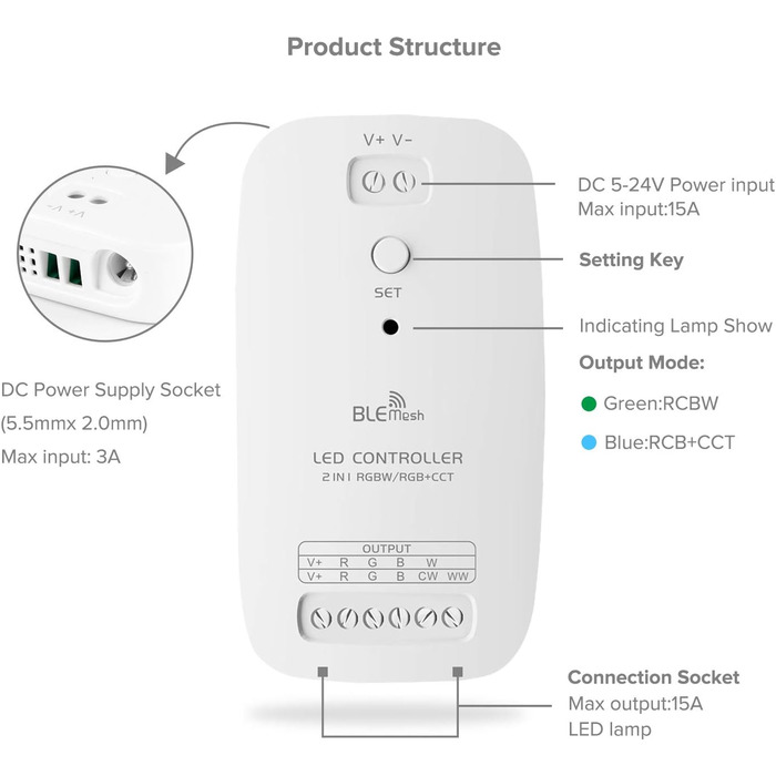 ОСВІТЛЕННЯ Bluetooth Mesh RGBW/RGBCCT 2в1 Контролер світлодіодної стрічки для 5PIN RGBW 4in1 5050 6PIN RGBCCT Керування програмою Таймер керування Нагадування про дзвінок Багатофункціональний контроль DC12V/DC24V