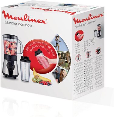 Блендер Moulinex Blend&Go LM1B1D 300 Вт, блендер для смузі з пластиковим глечиком 750 мл, включаючи портативну пляшку 750 мл, 4 знімні леза, поверхні з нержавіючої сталі