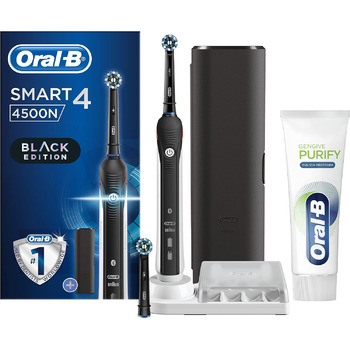 Акумуляторна електрична зубна щітка Oral-B Smart 4 4500 CrossAction, чорна, 3 режими щітки, 2 насадки для щітки, дорожній кейс преміум класу зубна паста Oral-B Gum Purify Глибоке очищення