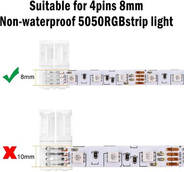 Контактний роз'єм для світлодіодної стрічки, роз'єм RGB 8 мм світлодіодна стрічка Швидкий роз'єм, для світлодіодної стрічки шириною 8 мм SMD 3528 RGB 8 мм 4-контактна, 20 шт., 4-
