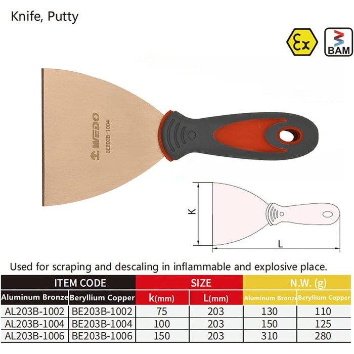Шпателі WEDO, шпателі для гіпсокартону, шпателі з нековзною гумовою ручкою, професійні широкі шпателі, що не іскриться, берилієва мідь, ширина ножа 75 мм, довжина 203 мм, сертифікована BAM & FM мідь-берилій 75X203 мм