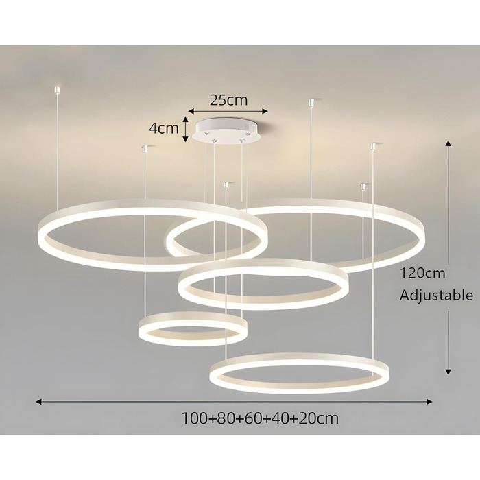 Металева світлодіодна люстра WayLuoung 3 кола 204060см Стельовий підвісний світильник з кільцями 45 Вт, пульт дистанційного керування з регулюванням яскравості 3000-6000K, підвісний світильник з акриловим абажуром, вітальня Спальня Фойє Їдальня (Білий, 51
