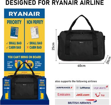 Сумка для ручної поклажі ECOHUB 20 л, для ручної поклажі Ryanair 40x20x25, Складна дорожня сумка для ручної поклажі літака, Водовідштовхувальна спортивна сумка з плечовим ременем, Сумка на вихідні чоловіча жіноча (чорна) чорна з плечовим ременем