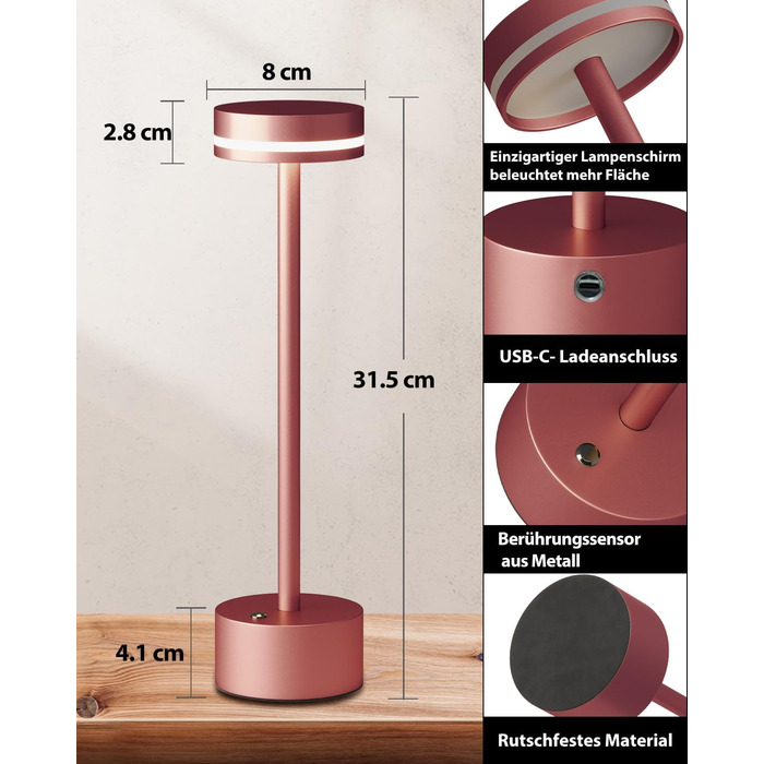 Акумуляторні акумуляторні акумуляторні настільні лампи з сенсорним вимикачем, повністю алюмінієвий корпус лампи, 3-рівневе затемнення, акумулятор 4000 мАг, тепле світло 3000K, для обіднього столу, вітальні (золото) (рожеве золото 2 упаковки), 2
