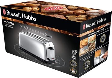 Тостер Russell Hobbs 2-слотовий довгий слот для 4 скибочок/2 широких скибочок хліба Victory Stainless Steel (надзвичайно широкі отвори для тостів, насадка для булочки, 6 рівнів підрум'янювання функція розморожування та розігріву) 23520-56