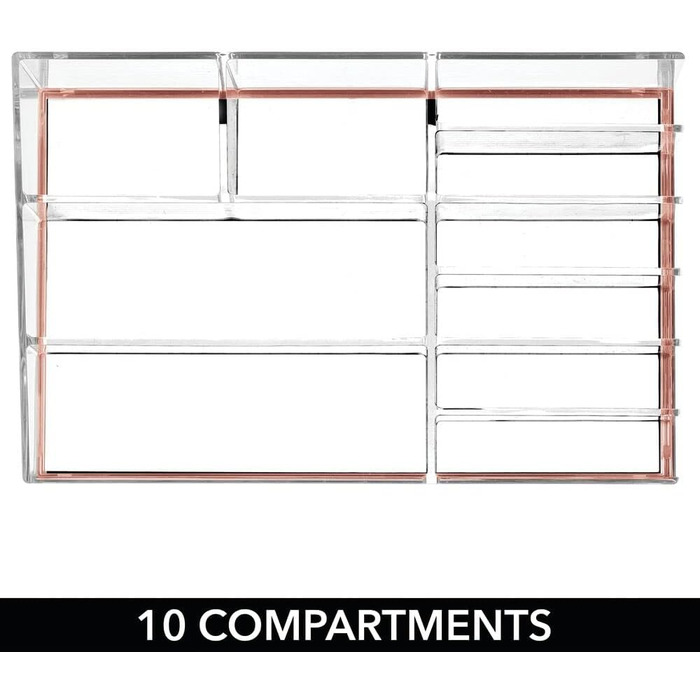 Практичний органайзер для косметики mDesign - Декоративна косметична коробка для зберігання лаку та пудри - Полиця з 10 відділеннями для зберігання косметики - Прозоре та рожеве золото Рожеве золото/Прозорий