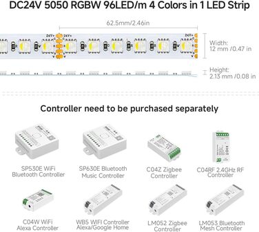 Світлодіодна стрічка 5050SMD RGBW 4IN1 Світлодіодна стрічка RGBХолодна біла (6000-6500K) 24V 5M 96LEDs/m 480LEDs Біла друкована плата IP30 НЕ водонепроникна для внутрішнього освітлення (лише світлодіодна стрічка) Друкована плата Rgbc Біла