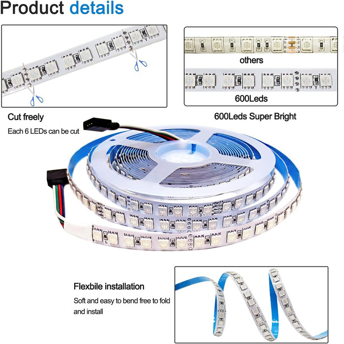 Світлодіодна стрічка Tesfish 24V RGB, 5M світлодіодна стрічка SMD 5050 IP20 Всього 600 світлодіодів Світлодіодна стрічка зі зміною кольору Світлодіодна стрічка Світлодіодна стрічка для спальні, кухні, рекламного оформлення