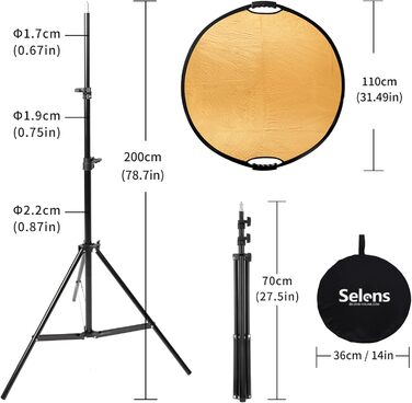 Круглий рефлектор Selens 5 в 1 110CM зі світловим штативом 200CM комплект для фотостудійної портретної зйомки, круглий відбивач Розсіювач Золото/Сріблястий/Білий/Чорний/Прозорий