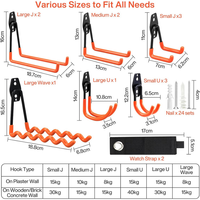 Настінні гачки для гаража та 2 кабельні стяжки, 24 комплекти гвинтів, надміцні гачки для гаража, гаражні гачки для зберігання для організації інструментів, стільця, труби, велосипедів, спортивного обладнання, 12 шт.
